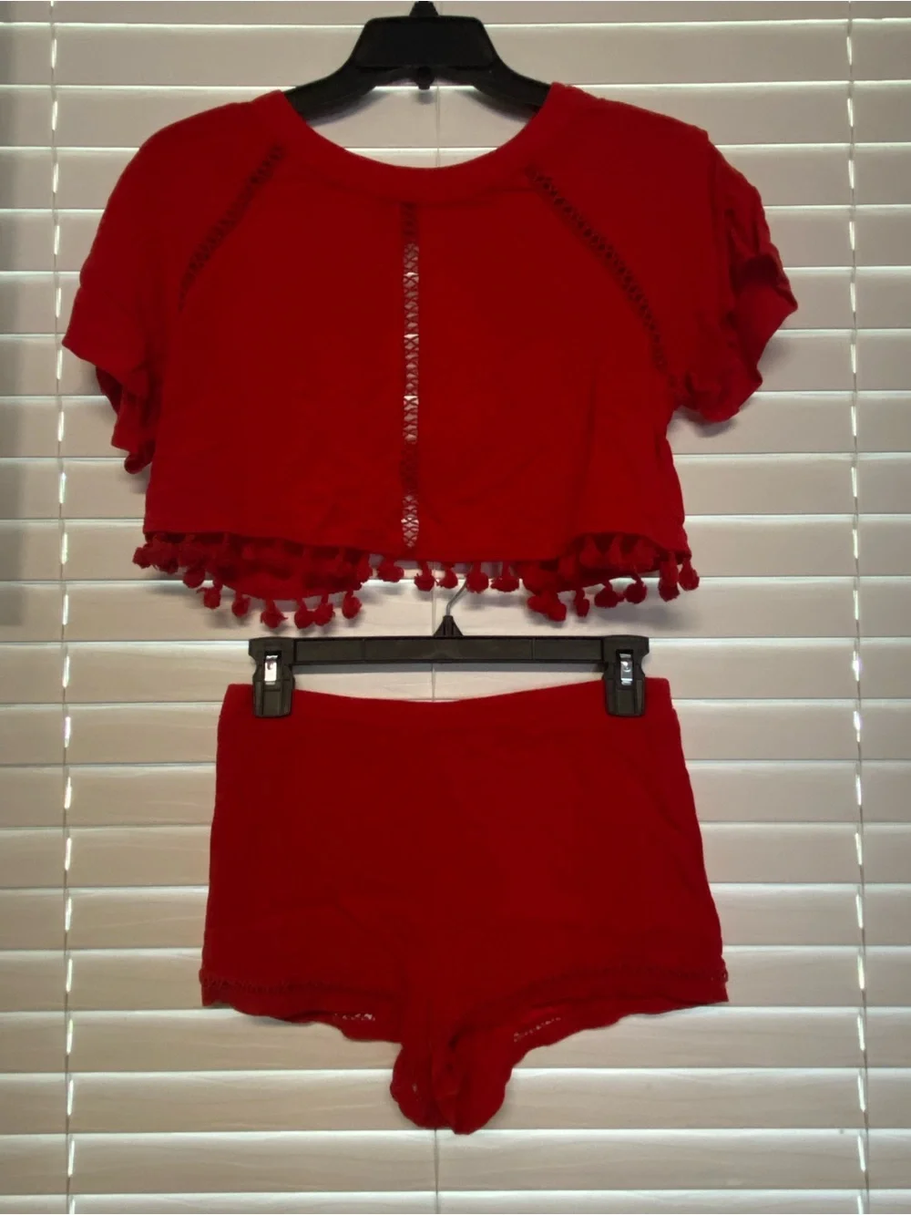 Forever 21 Bright Red Crochet-Trim Crop Top & Shorts Set